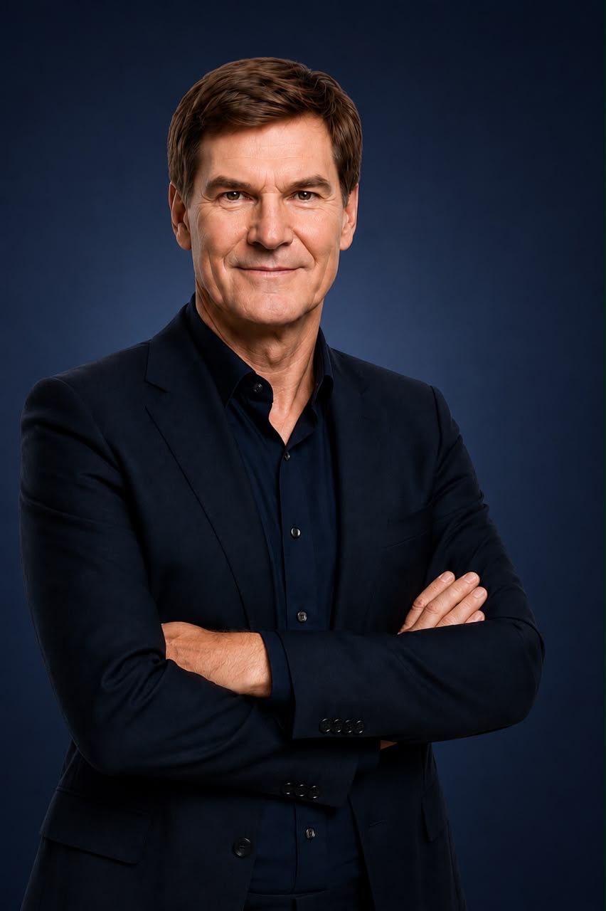 professional editorial portrait of Carsten Maschmeyer, confident German businessman in a dark suit